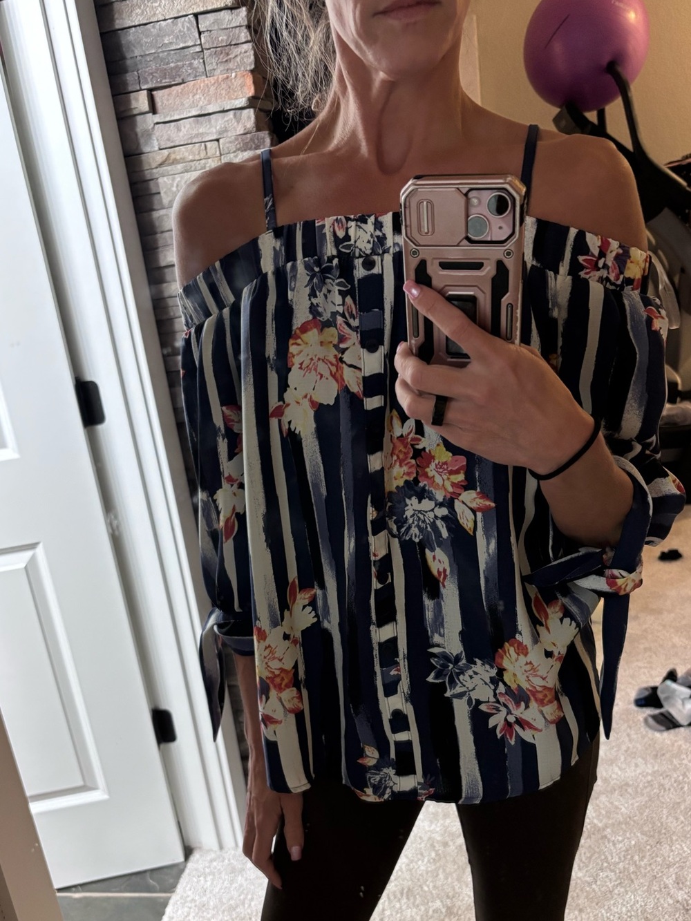 Iz Byer Navy and White Floral-Stripe Off-Shoulder Blouse